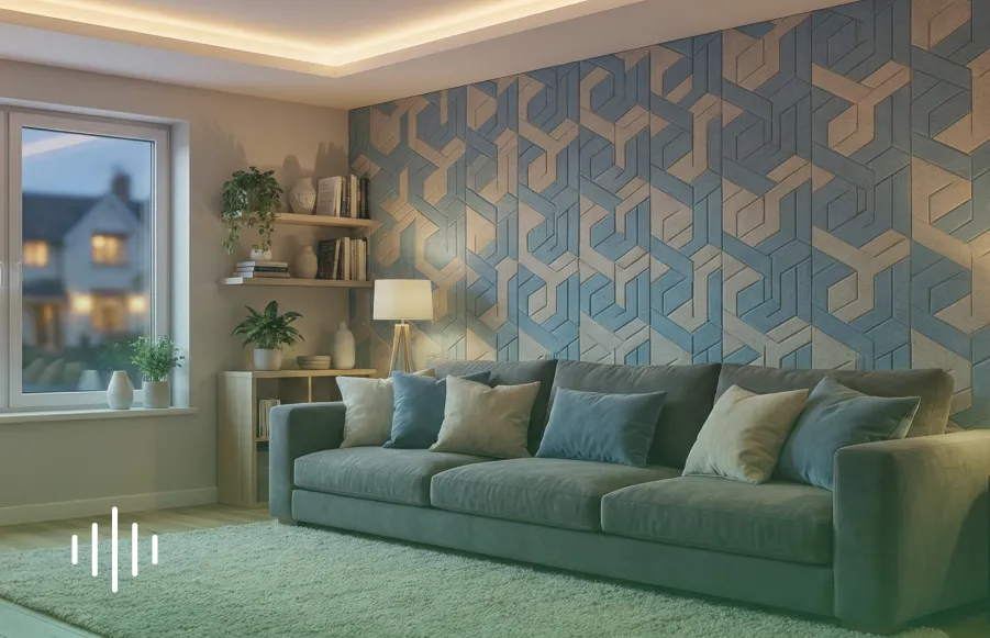 Modern living room with geometric acoustic panel feature wall providing soundproofing