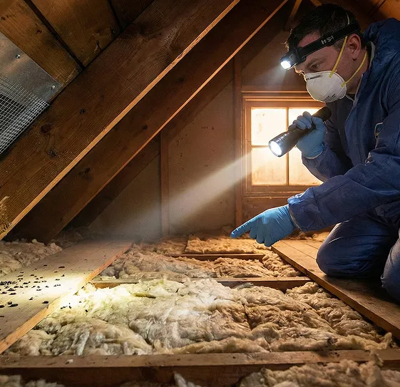 Pest control technician disinfecting contaminated attic insulation with a sprayer and flashlight