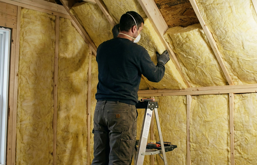 Installer on a ladder adding fiberglass insulation to attic walls and ceiling