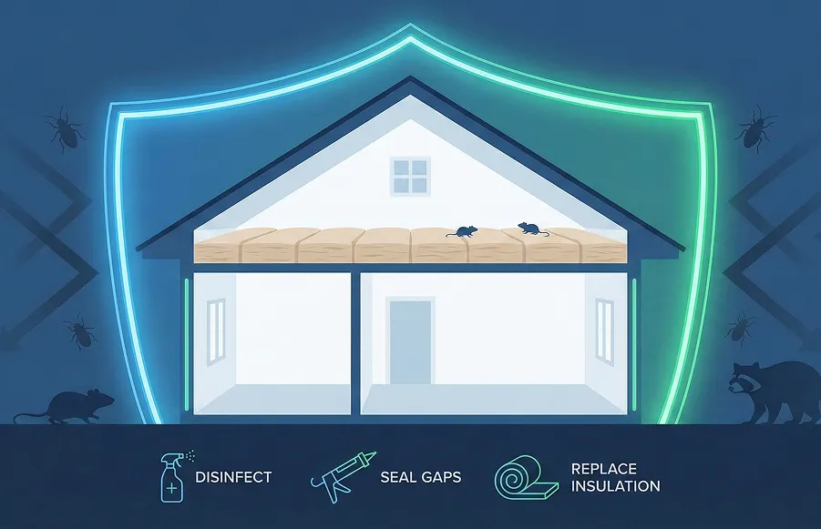 Illustration of a house protected by a glowing shield, showing a clean sealed attic and blocked pests
