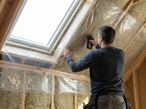 Installer stapling plastic vapor barrier over insulated attic ceiling around a skylight