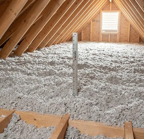 Cellulose attic insulation with depth ruler showing proper coverage between rafters