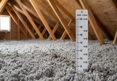 Attic with blown-in cellulose insulation and depth gauge showing inches and R-values