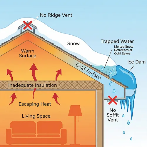 Diagram showing what causes ice dams on a roof with snow, trapped water, poor insulation, and no ventilation