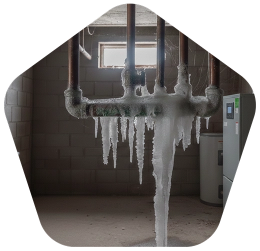 Frozen copper pipes with long icicles in a basement 