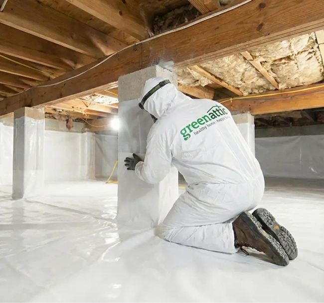 Green Attic Insulation crawl space insulation technician sealing and insulating a clean crawl space