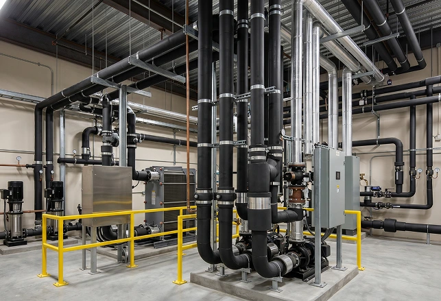 Commercial insulated pipes in a mechanical room