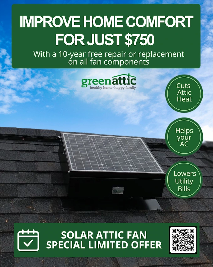 Solar attic fan product shown on roof