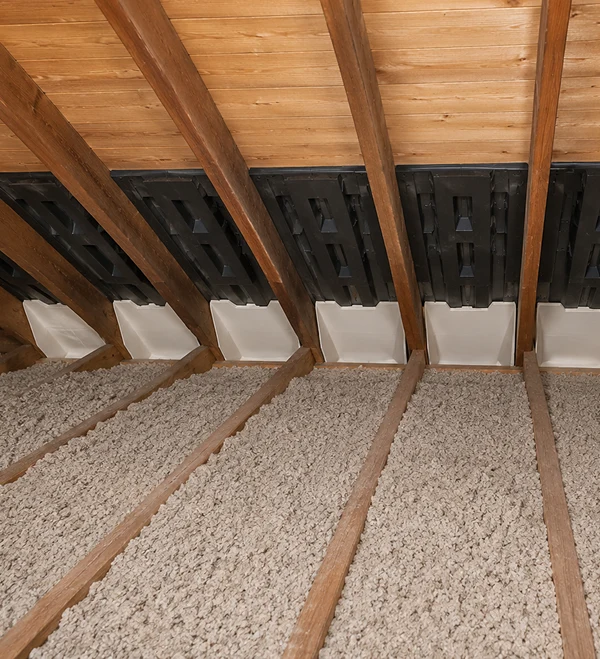 Attic ventilation baffles with loose-fill insulation for metal roof ice dam prevention