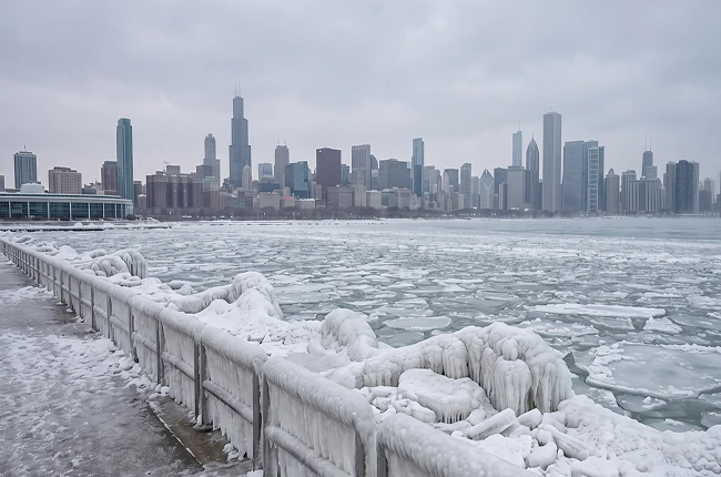 Frozen Chicago lakefront with icy shoreline and city skyline in winter.