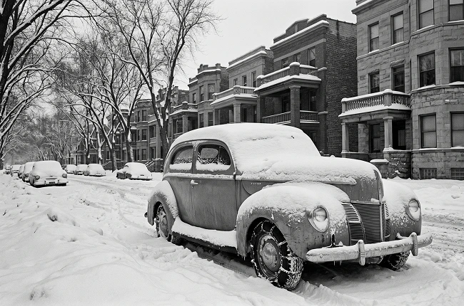 Historic-style Chicago winter street with an old car covered in snow.