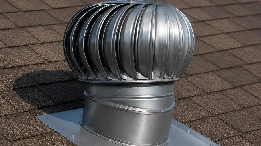 Wind-driven turbine attic ventilation fan installed on a shingle roof with metal flashing