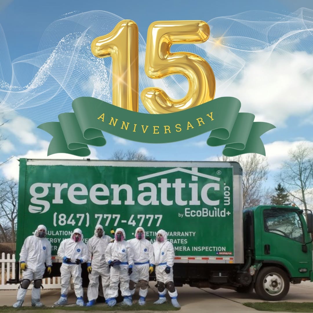 Green Attic Insulation crew in front of a company truck celebrating the 15 year anniversary