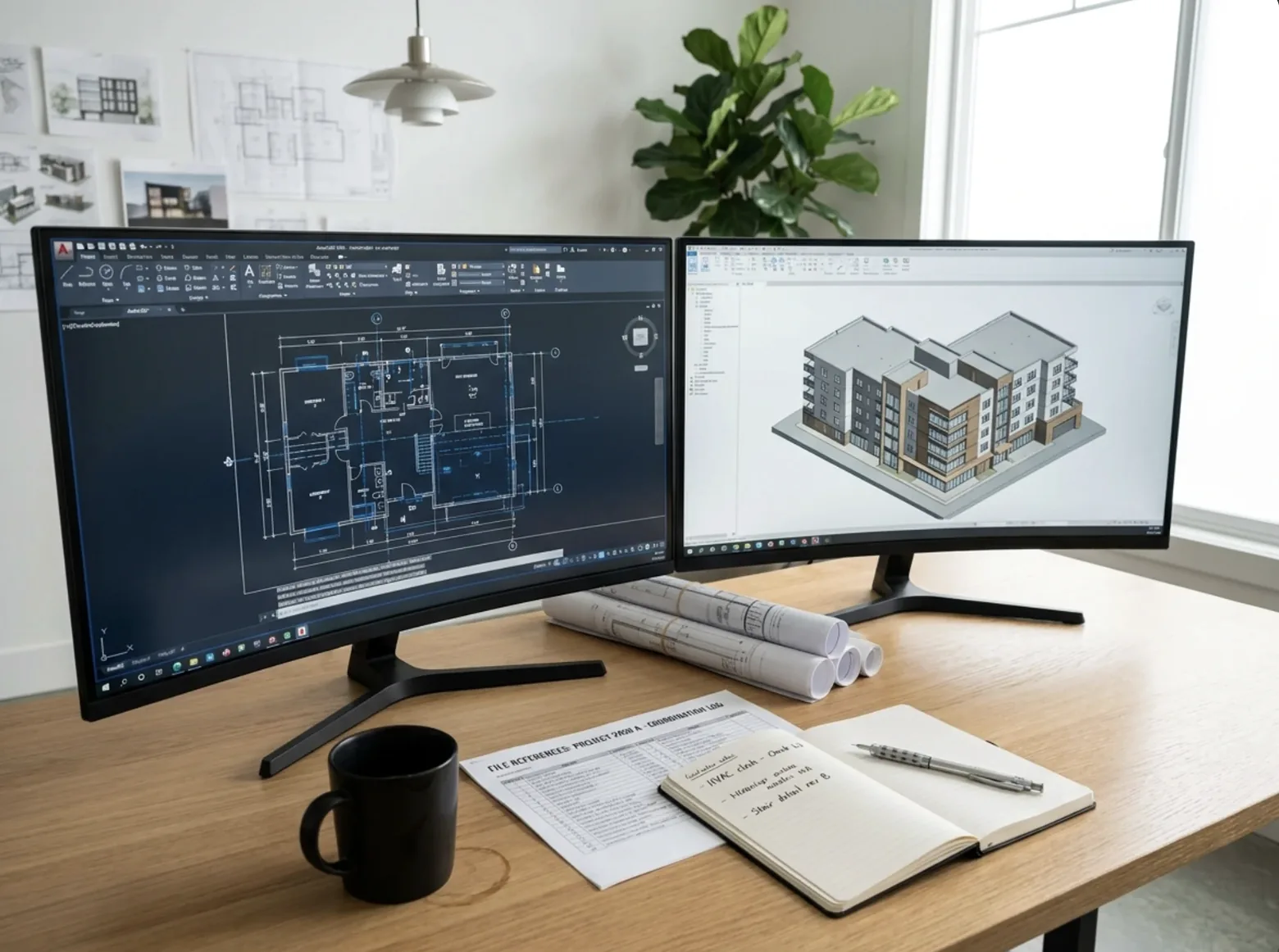 Deux écrans affichant un plan 2D et une maquette 3D BIM d'un bâtiment