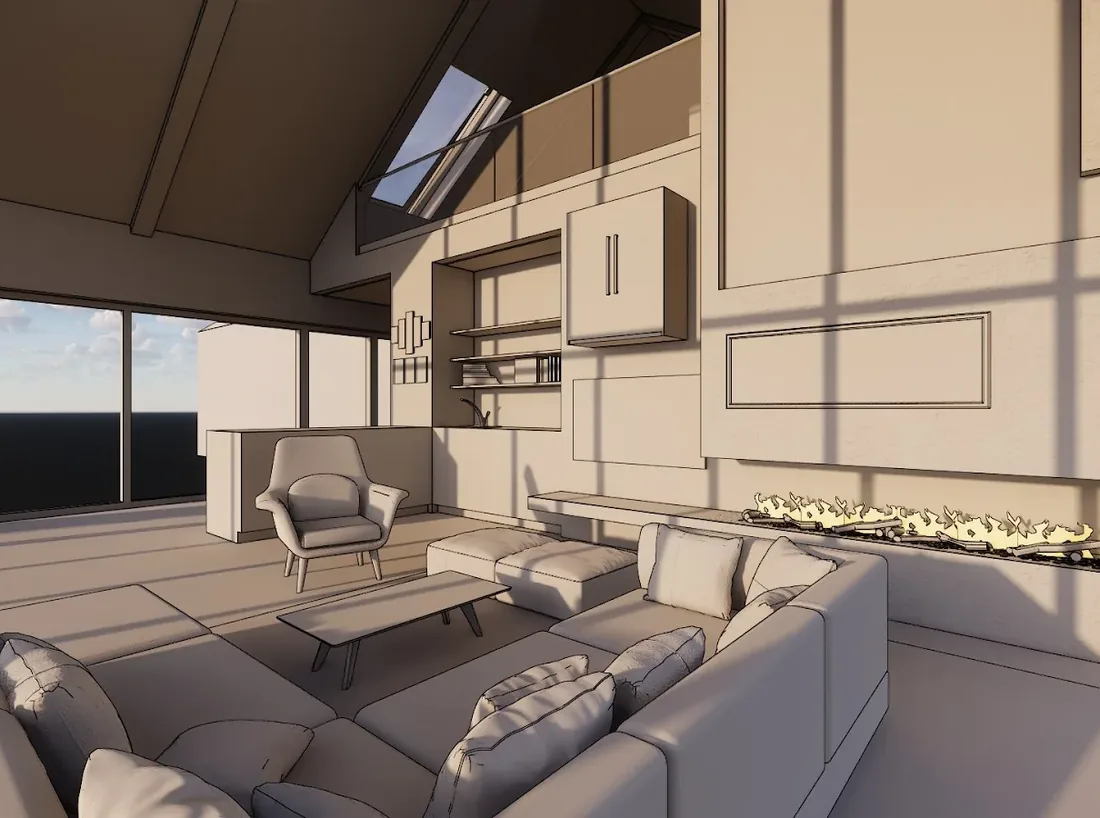 Rendu réaliste d’un séjour modélisé sur SketchUp