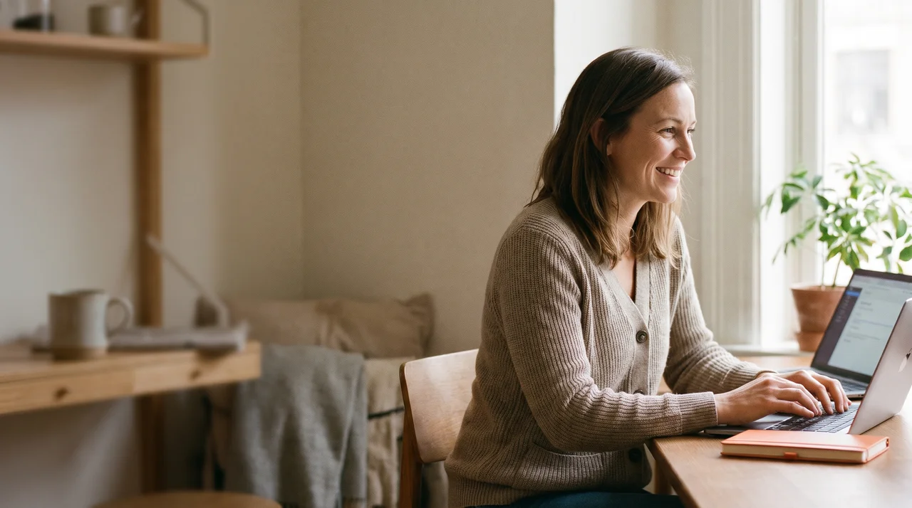 Apprenante souriante qui suit sa formation en ligne depuis chez elle