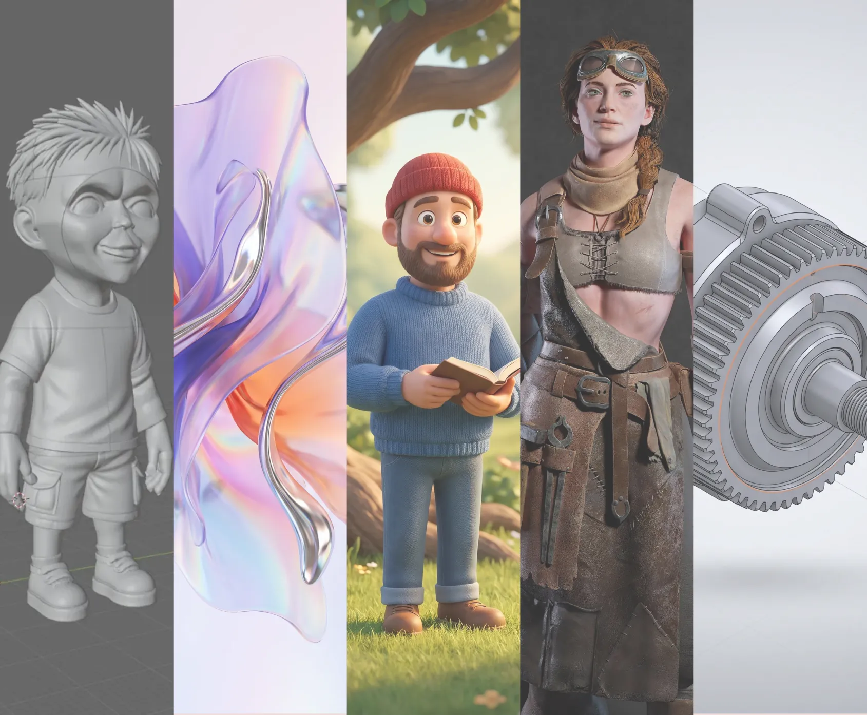 Apprenante en formation 3D & animation, entourée de personnages et d'objets modélisés en 3D