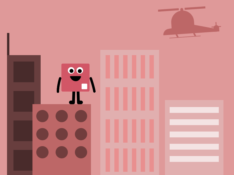 IMAGE: Screenshot of game, pink character jumping off of building with helicopter in background