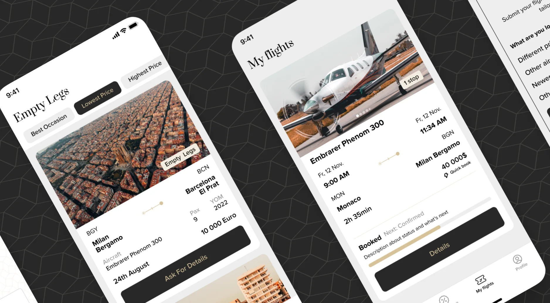 insignia app screens for luxury jet charters