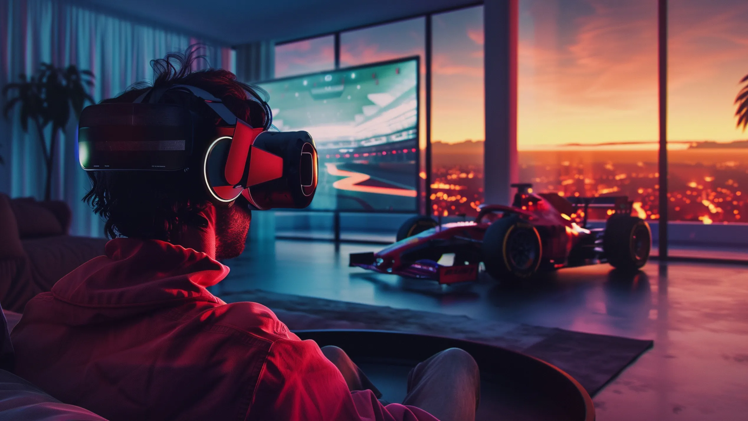 a person watching a motorsport event in a headset
