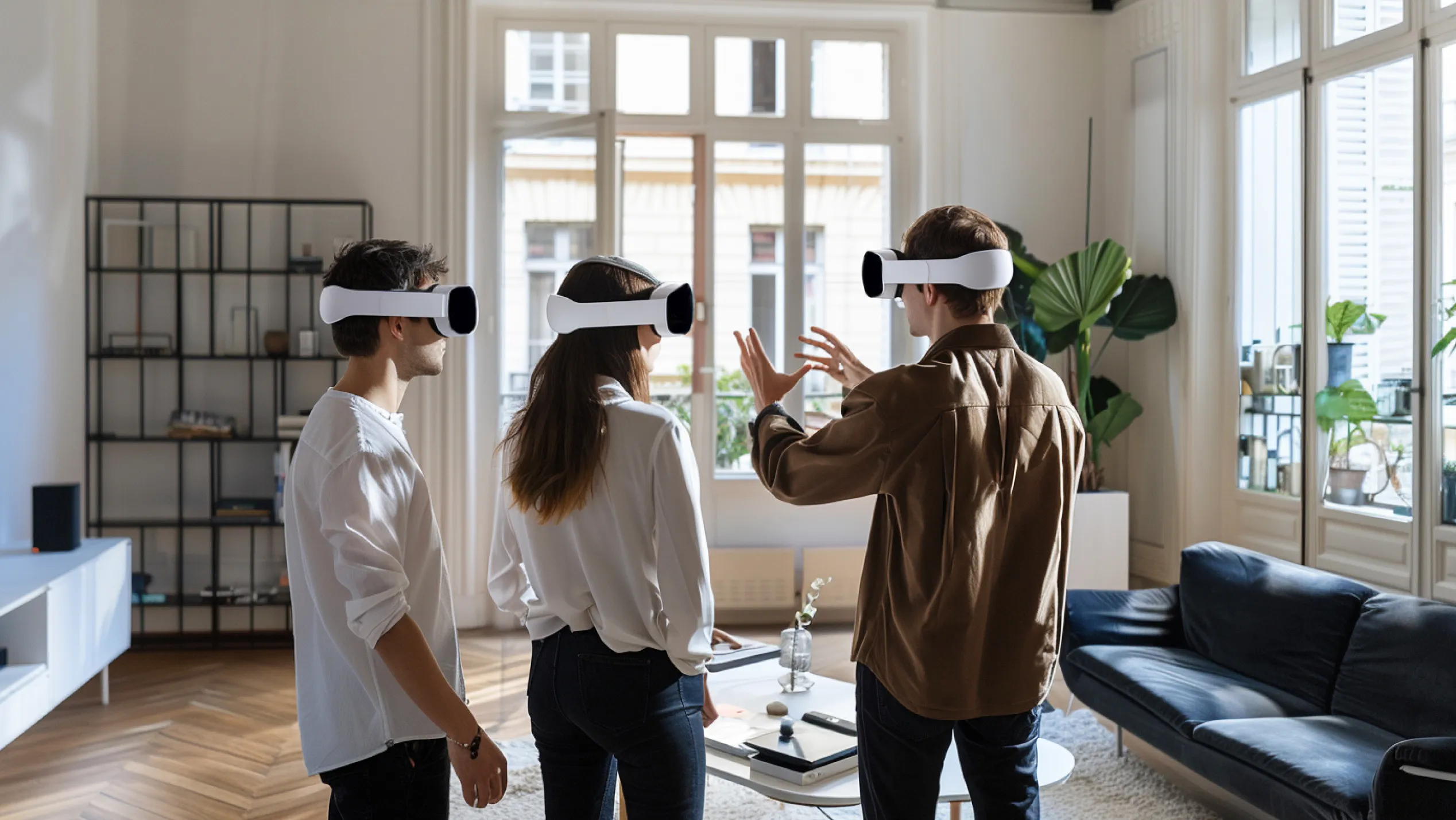 three people viewing a property in headsets