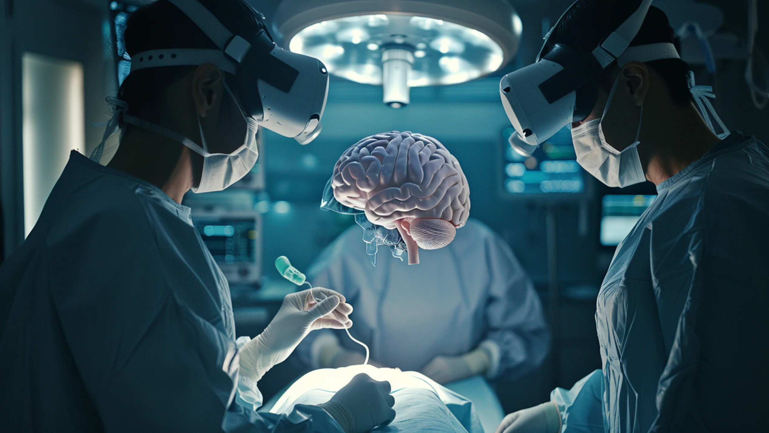 surgeons watching a 3D brain surgery