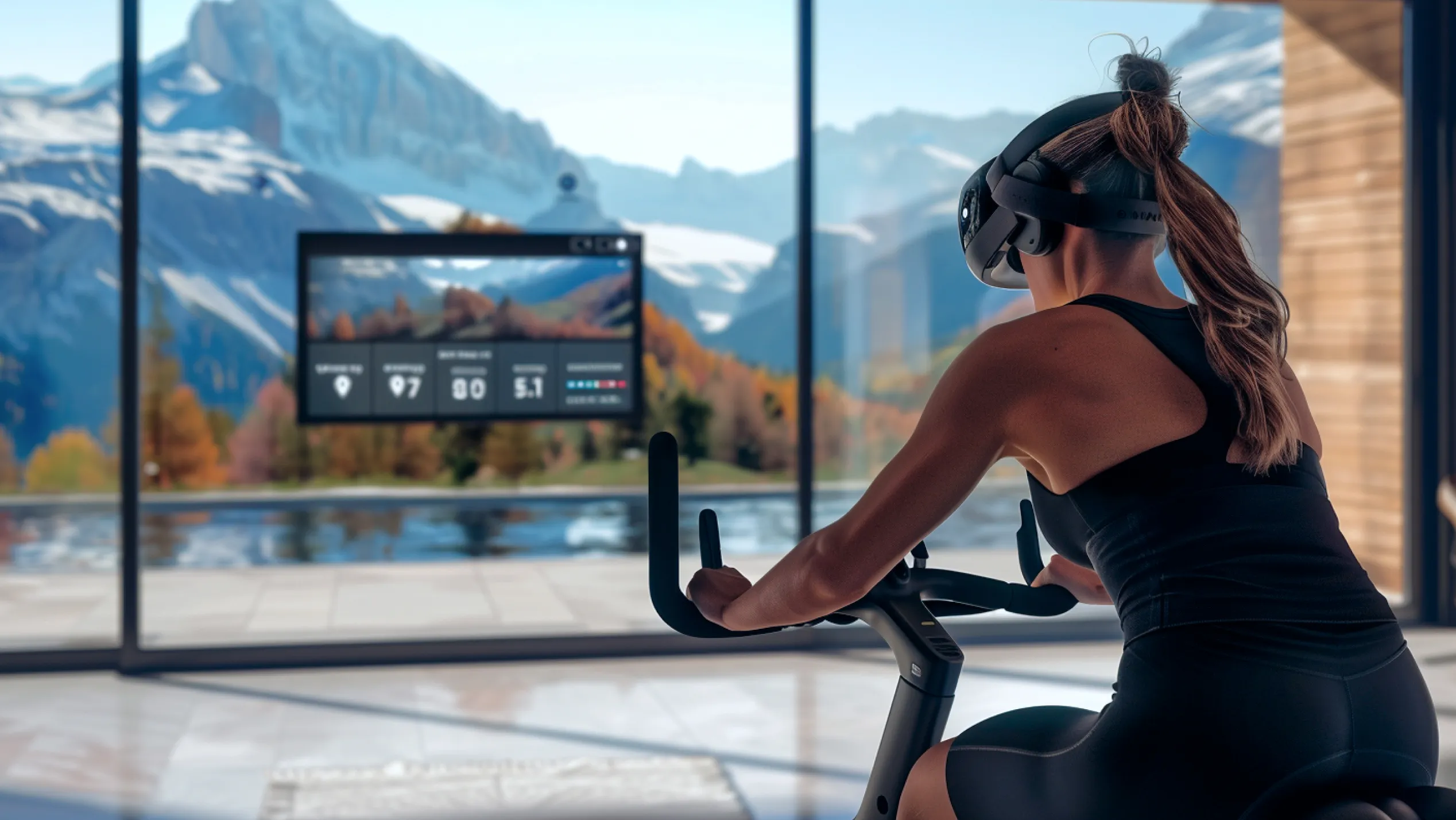 a woman with a headset cycling in mixed reality