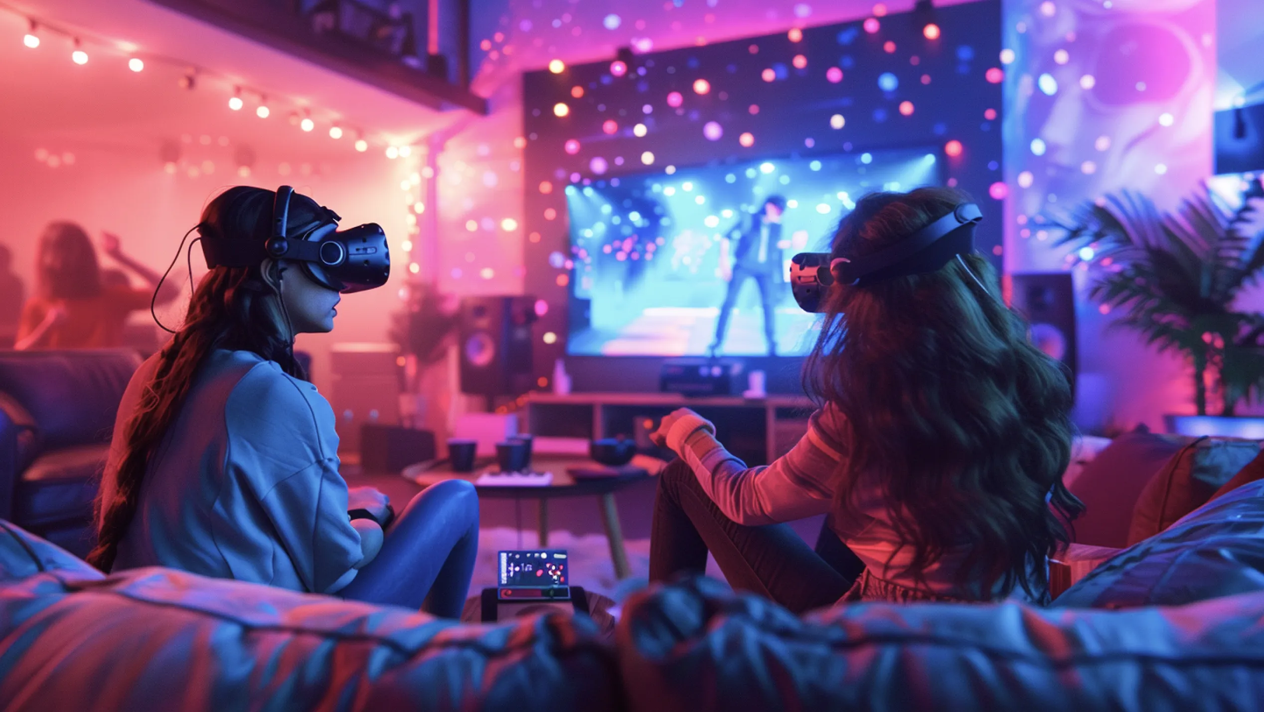 teenagers wearing headsets in a colorful room