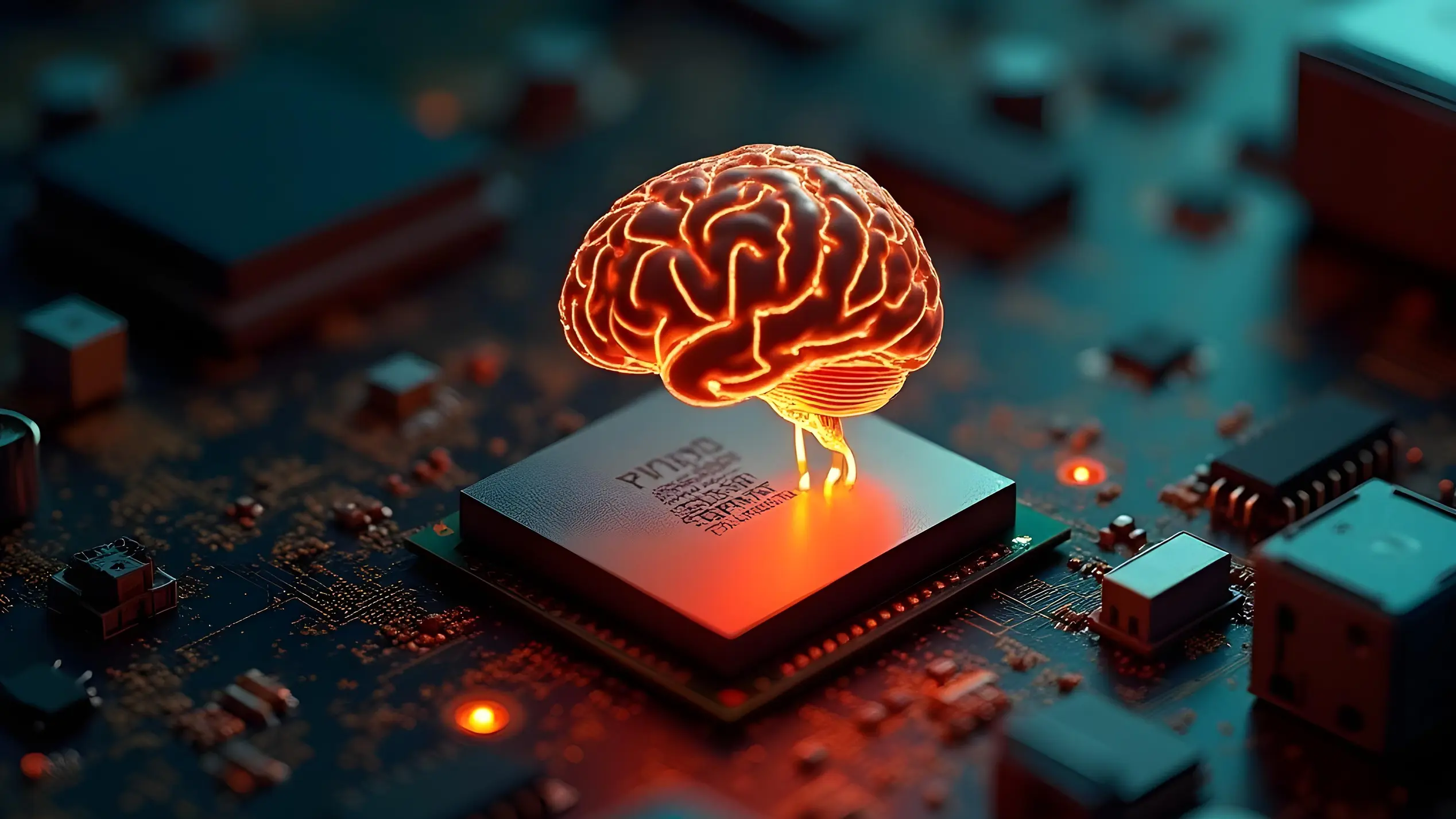 Neon brain over microchip on a circuit board—metaphor for AI running on hardware