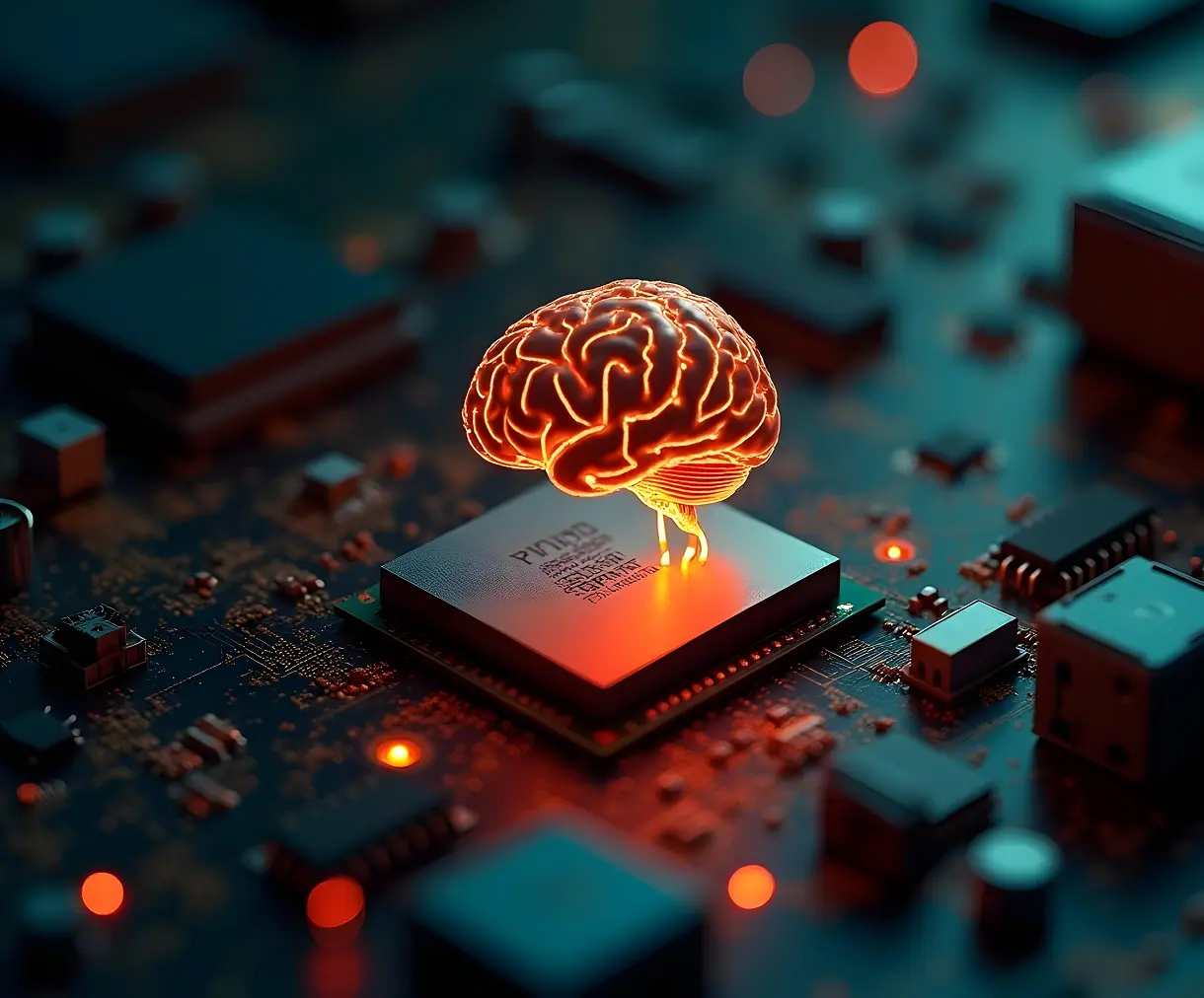 Neon brain over microchip on a circuit board—metaphor for AI running on hardware
