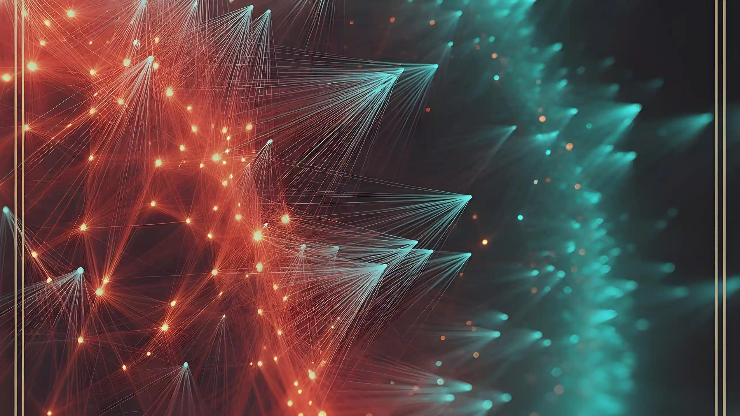 Triangular fans of fine light threads connect glowing orange and teal nodes on a dark background, with subtle gold borders.