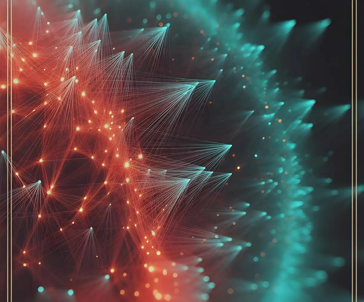 Triangular fans of fine light threads connect glowing orange and teal nodes on a dark background, with subtle gold borders.