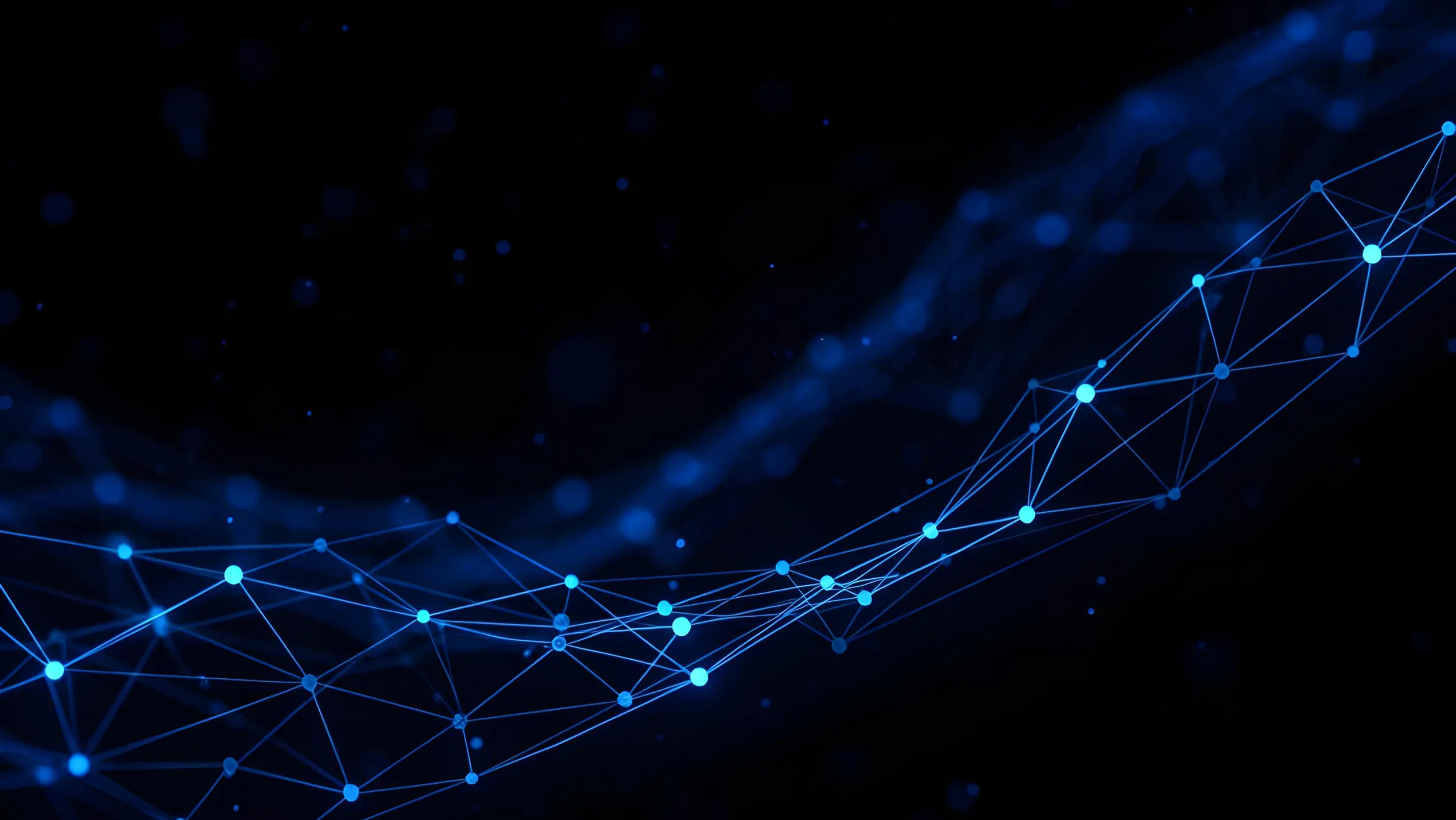 Abstract dark background with a flowing blue network of connected nodes and lines.
