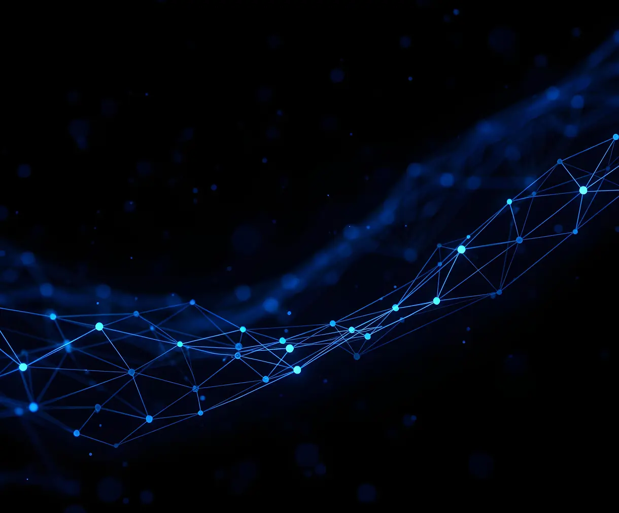 Abstract dark background with a flowing blue network of connected nodes and lines.