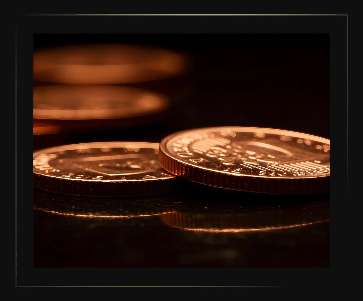 Close-up of stacked copper coins on a dark surface with warm reflections.
