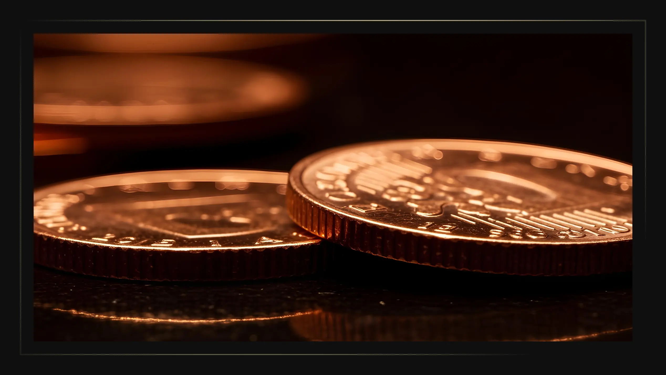 Close-up of stacked copper coins on a dark surface with warm reflections.