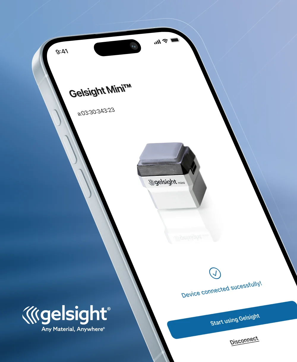 screenshot from gelsight app with the company's logo on a blue textured background
