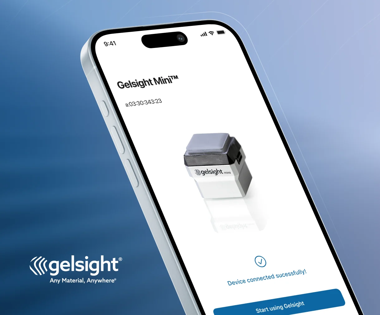 screenshot from gelsight app with the company's logo on a blue textured background