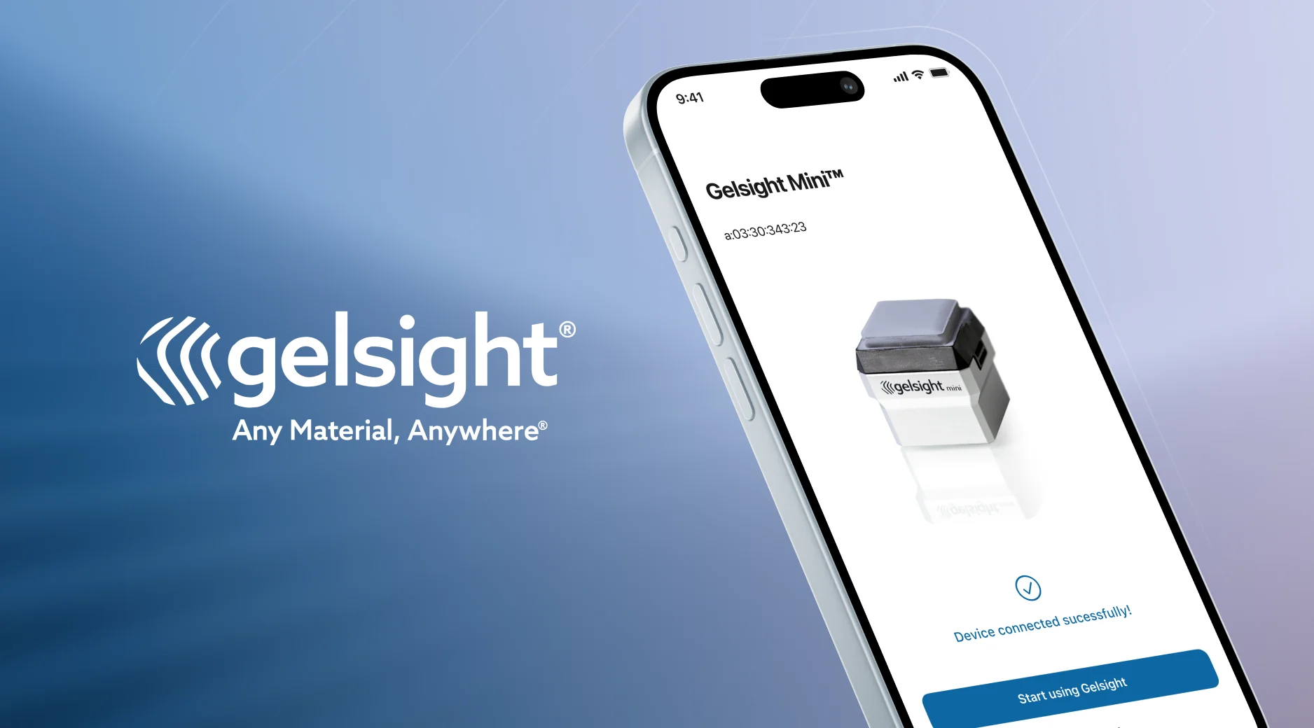 screenshot from gelsight app with the company's logo on a blue textured background
