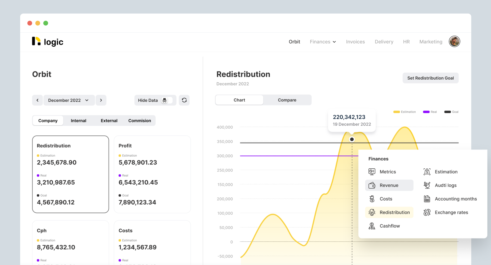 finances feature screen