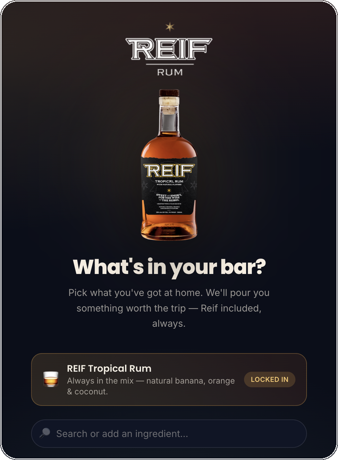 Preview of the Reif Rum cocktail maker asking what's in your bar