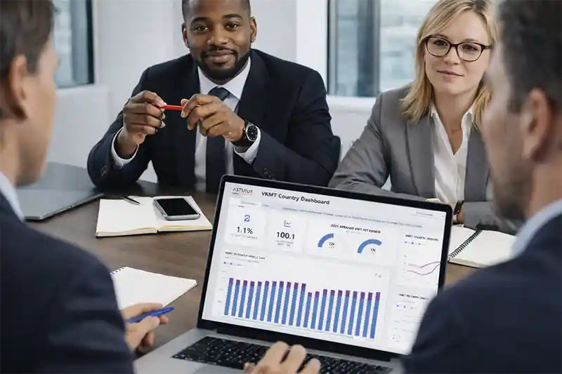 A team collaborating around an Astutus Research report.