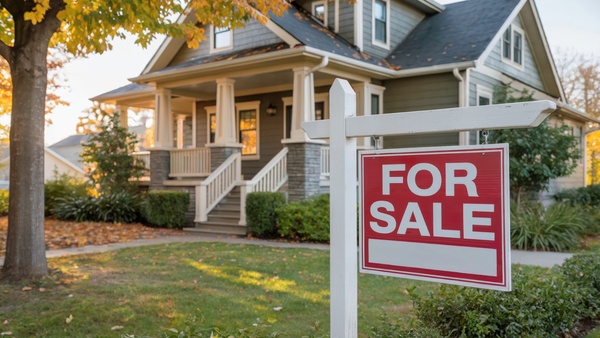 A split-screen composition showing a Canadian residential home (recognizable architecture - brick, vinyl siding) on one side with a "SOLD" sign that appears to be cracking or breaking apart. On the other side, show a worried seller (mid-30s-40s, profession