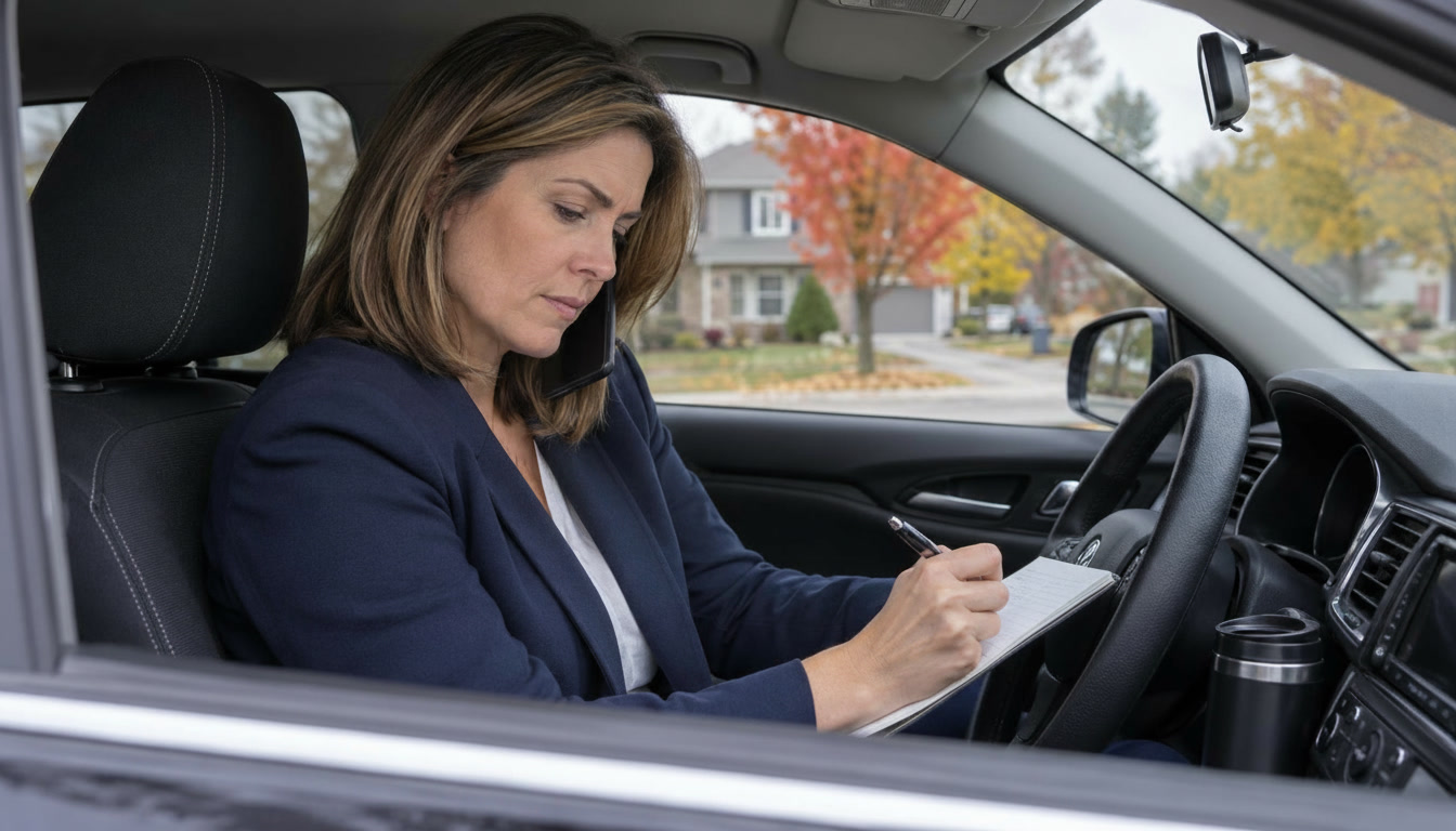 Real estate agent takes a call about a delayed closing from her car, making notes on her transaction tracker