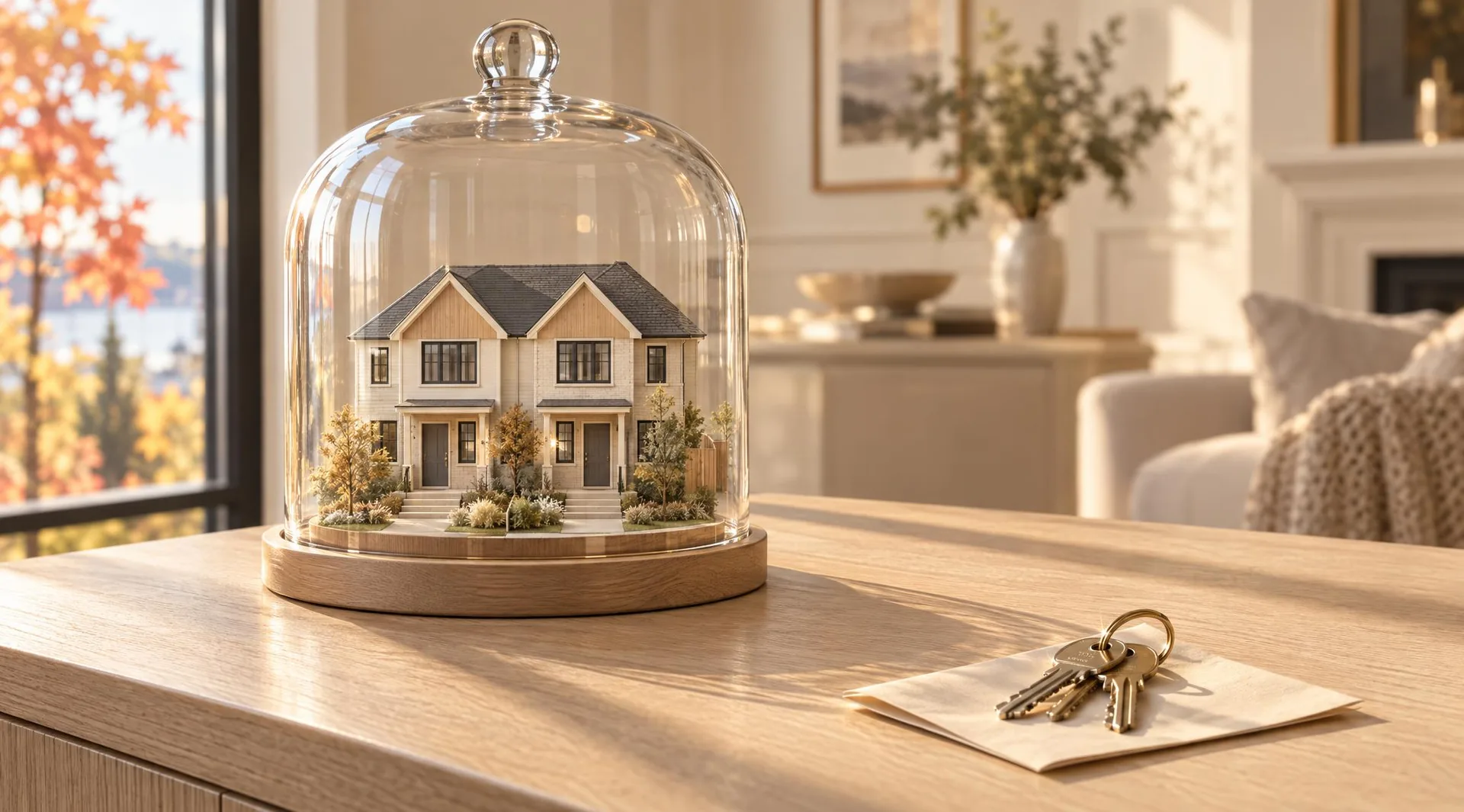 A model home protected under a glass cloche beside uncovered house keys, showing what home closing insurance cost covers for the sale itself
