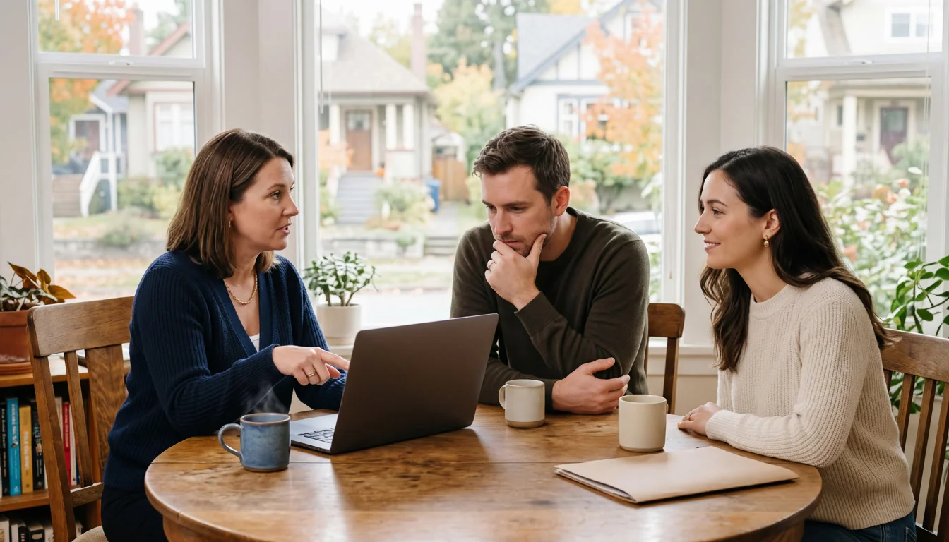 A Canadian couple meeting with their mortgage broker to sort out their home deposit before making an offer