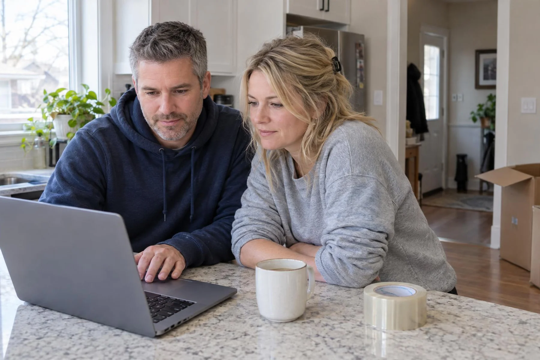A Canadian couple at their kitchen island reading a laptop together, with packing tape and a few moving boxes nearby as they plan their move