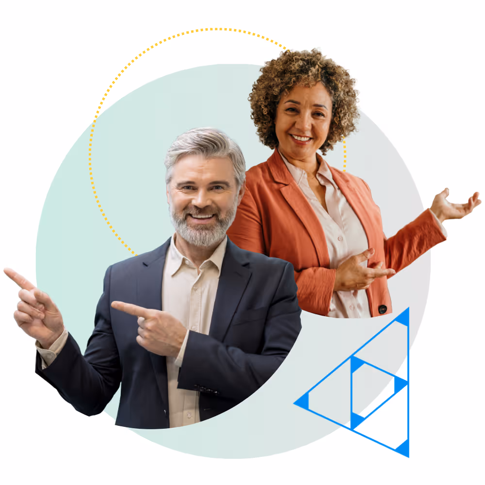 Business leaders gesturing with smiles, with decorative circles and OrgHealth's Ascent Model triangle