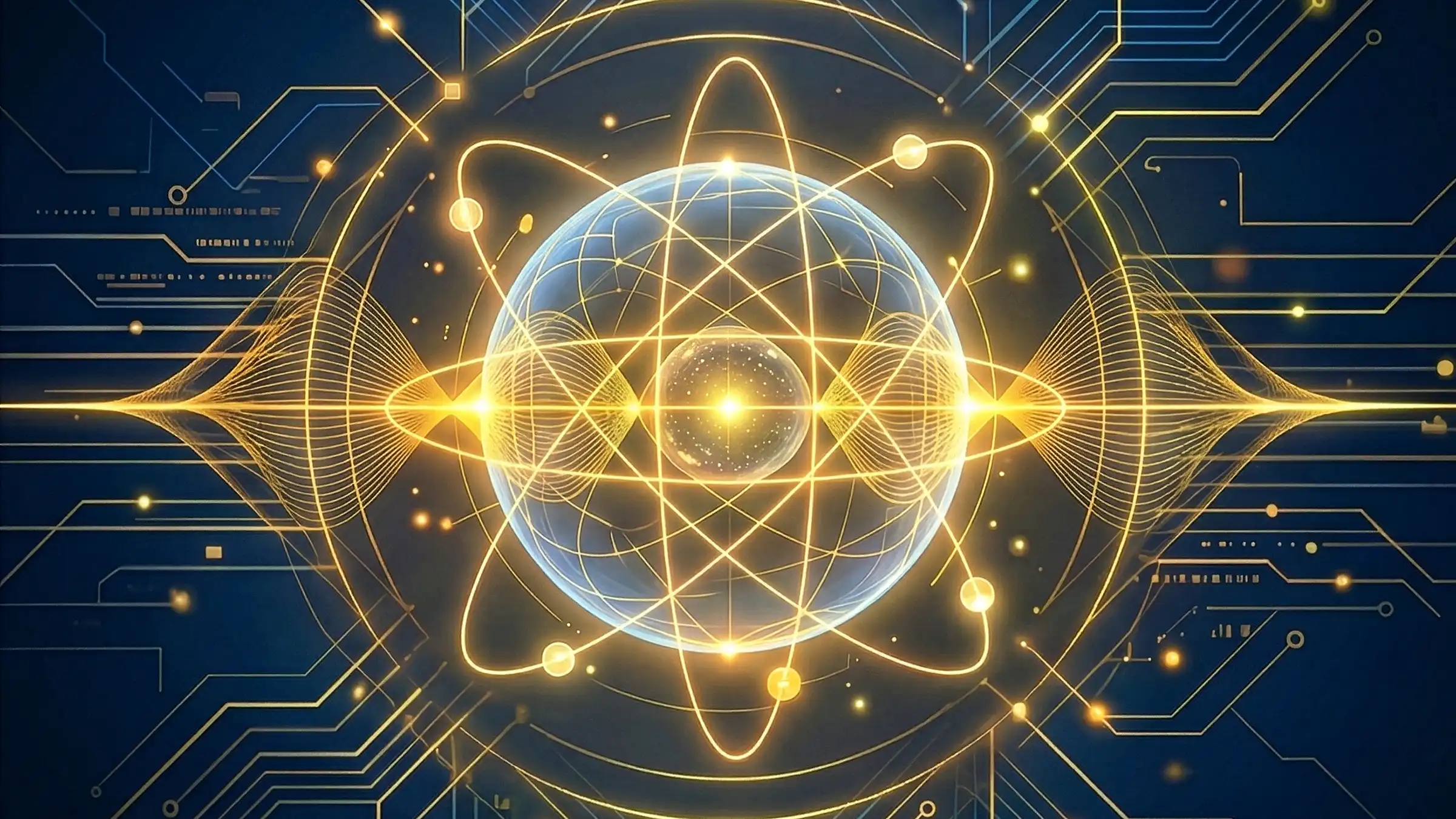 A glowing gold atomic model with intersecting orbital rings and circuit board patterns on a dark blue background, representing quantum computing technology.