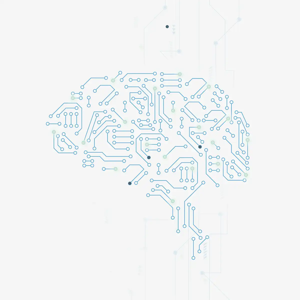 A digital illustration of a human brain formed by a blue and green circuit board pattern, symbolizing artificial intelligence and neural networks.